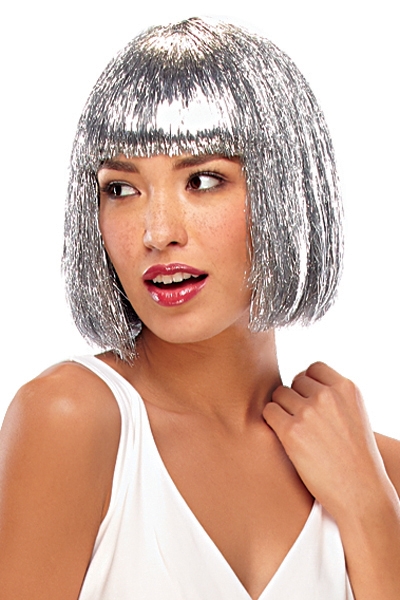 Smiling woman wearing a Silver Tinsel Town wig