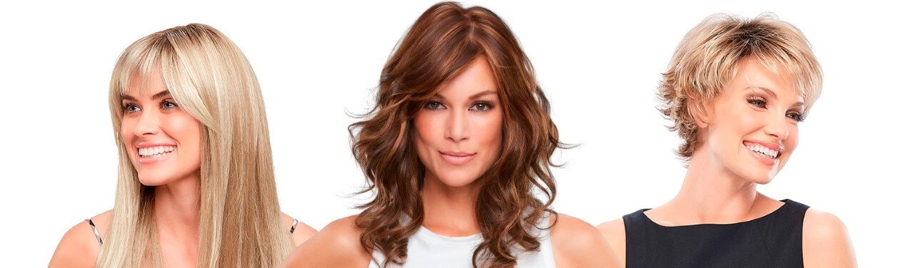 Various women wearing monofilament wigs in different styles and colours