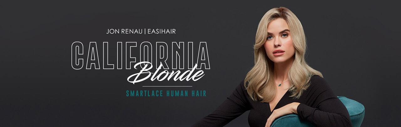 Lady wearing a california blonde smartlace human hair wig