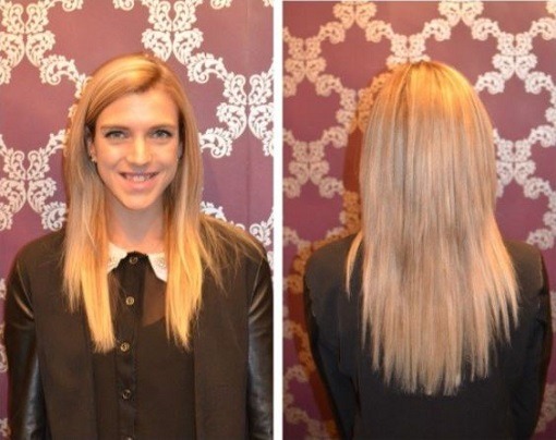 Lady showing her long hair extensions by Easihair Pro