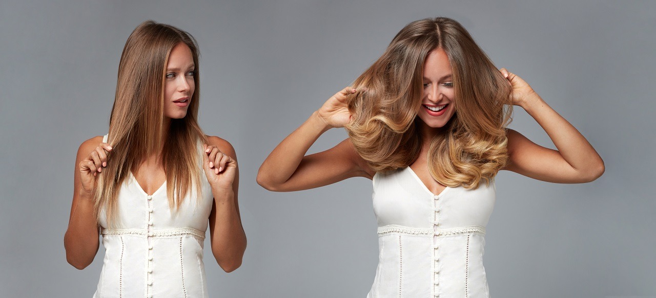 Lady showing what her hair looks like before and after she has hair extensions