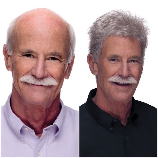 Bald man before and after wearing the synthetic JJ Wig in light grey