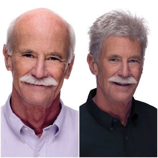 Jon Renau JJ Wig Bald man before and after wearing the synthetic JJ Wig in light grey