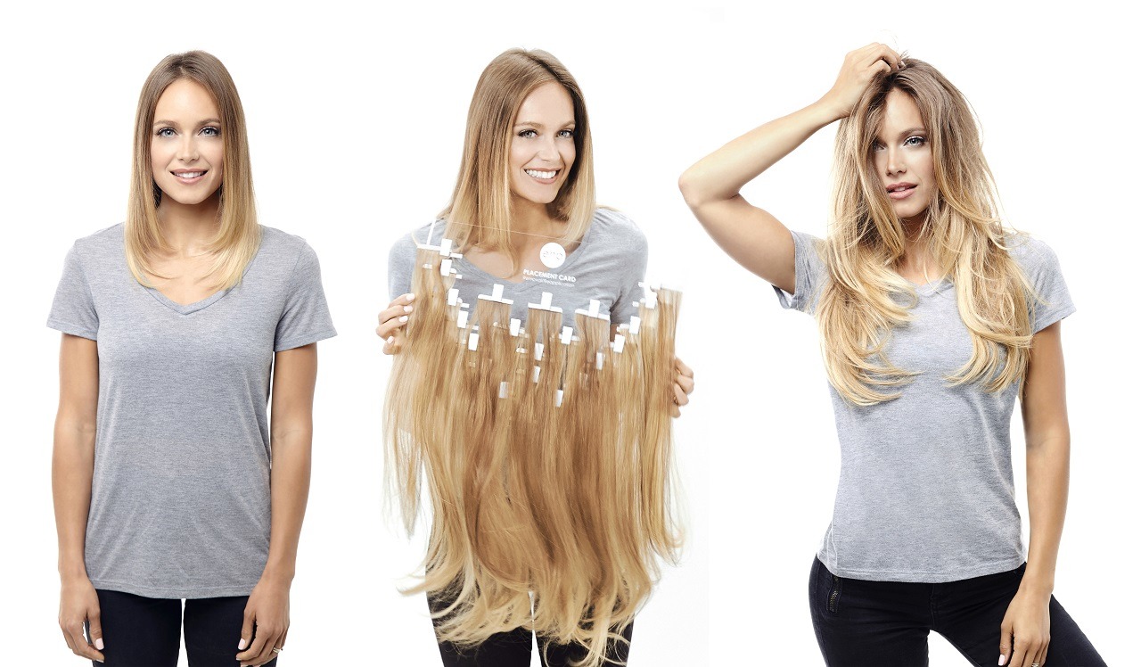 Lady holding up her hair extensions and showing the before and after