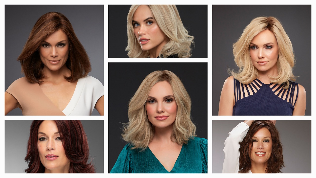 Various women with alopecia wearing different Jon Renau Carrie wig in various colours