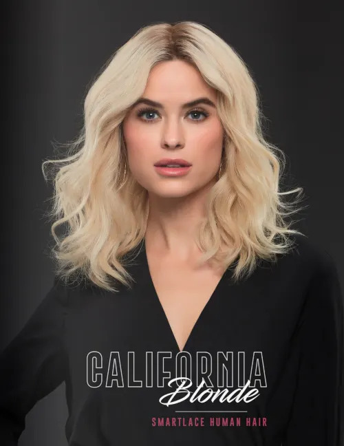 Lady wearing a long length California Blonde human hair wig by Jon Renau South Africa