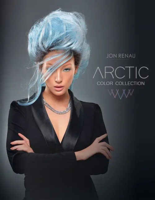 Lady wearing a blue coloured wig in the cover of a wig book